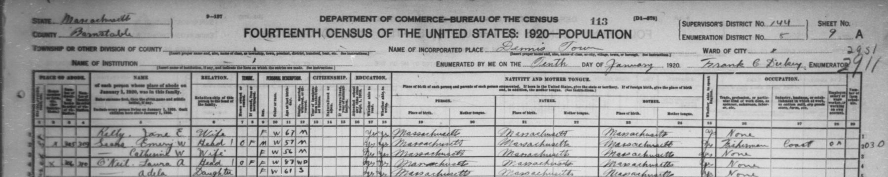 A real 1920 U.S. census page for Dennis, Barnstable County, Massachusetts, handwritten by the census taker on 10 January 1920, listing Jane E. Kelly, Emery W. Sears, a fisherman, Catherine W. Sears, Laura A. O'Neil and her daughter Adela